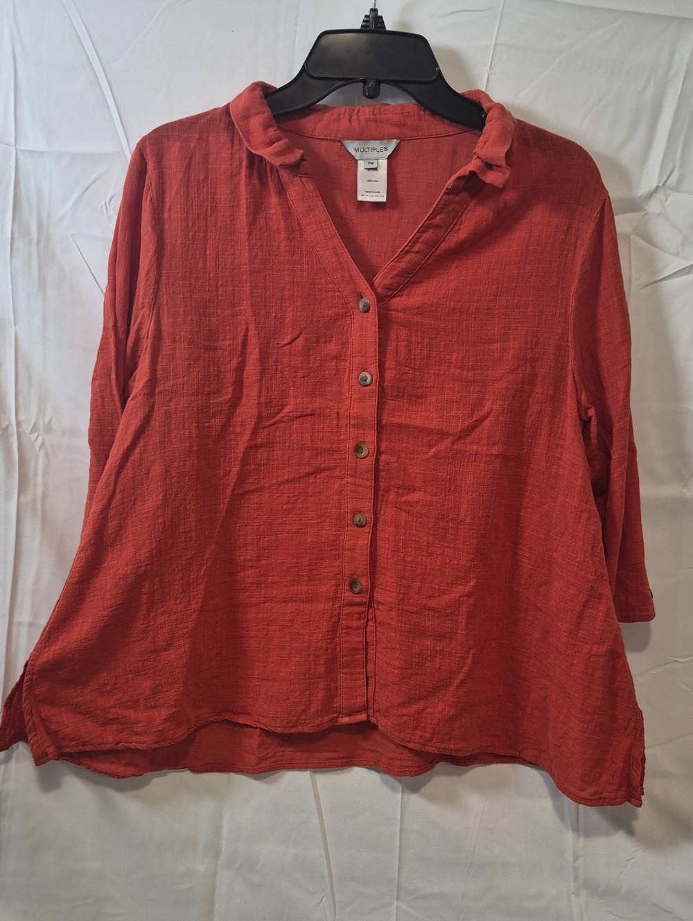 Multiples Terracotta Gauze Split V-Neck Button Down Blouse 3/4 Sleeve